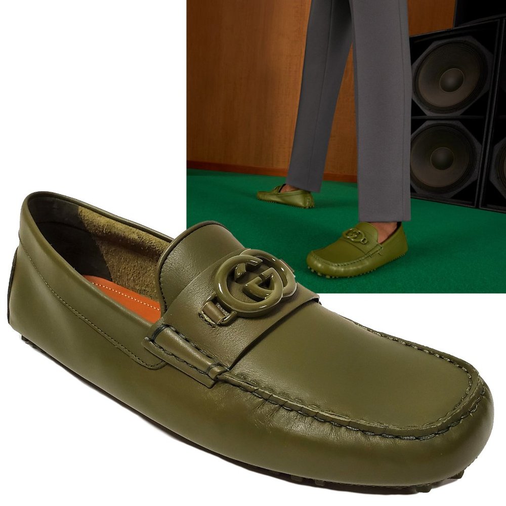 GUCCI SHOES MENS LOAFERS MOCCASINS G LOGO GREEN LEATHER sz 9G 9.5